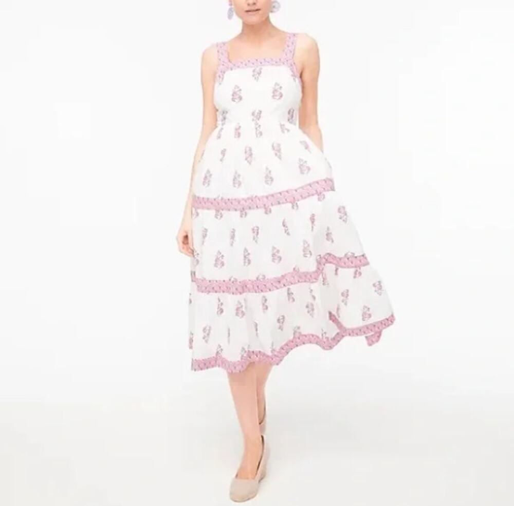 J. Crew Block-print square neck tiered midi dress size 4
